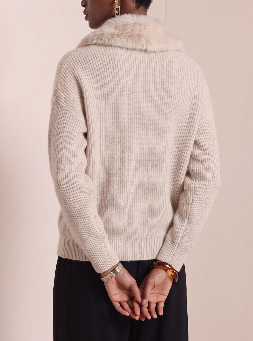 Shawl Collar Knit Cardigan With Faux Fur Trim - Apricot - 2