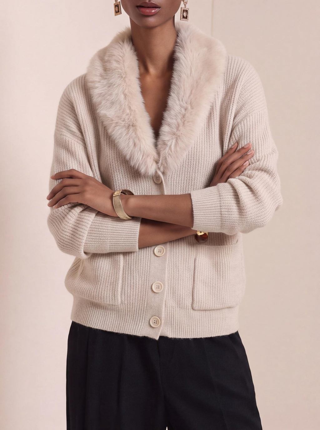 Shawl Collar Knit Cardigan With Faux Fur Trim - Apricot - 3