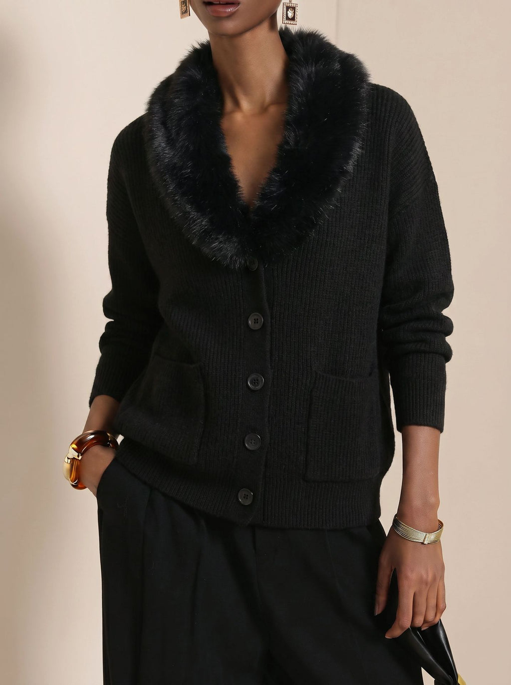 Shawl Collar Knit Cardigan With Faux Fur Trim - Black