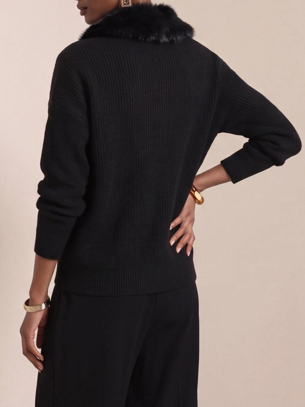 Shawl Collar Knit Cardigan With Faux Fur Trim - Black - 1
