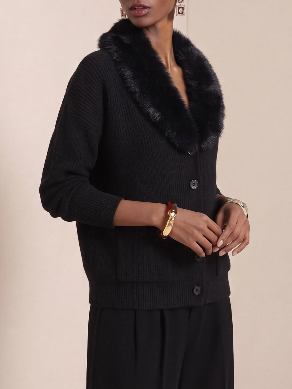 Shawl Collar Knit Cardigan With Faux Fur Trim - Black - 2