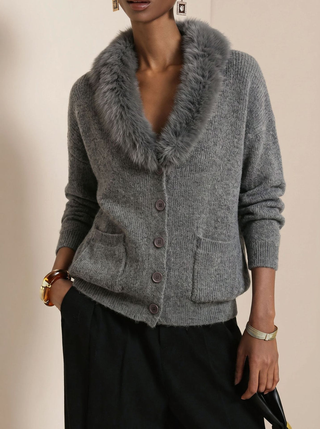 Shawl Collar Knit Cardigan With Faux Fur Trim - Grey