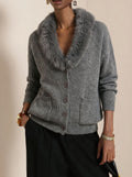 Shawl Collar Knit Cardigan With Faux Fur Trim - Grey