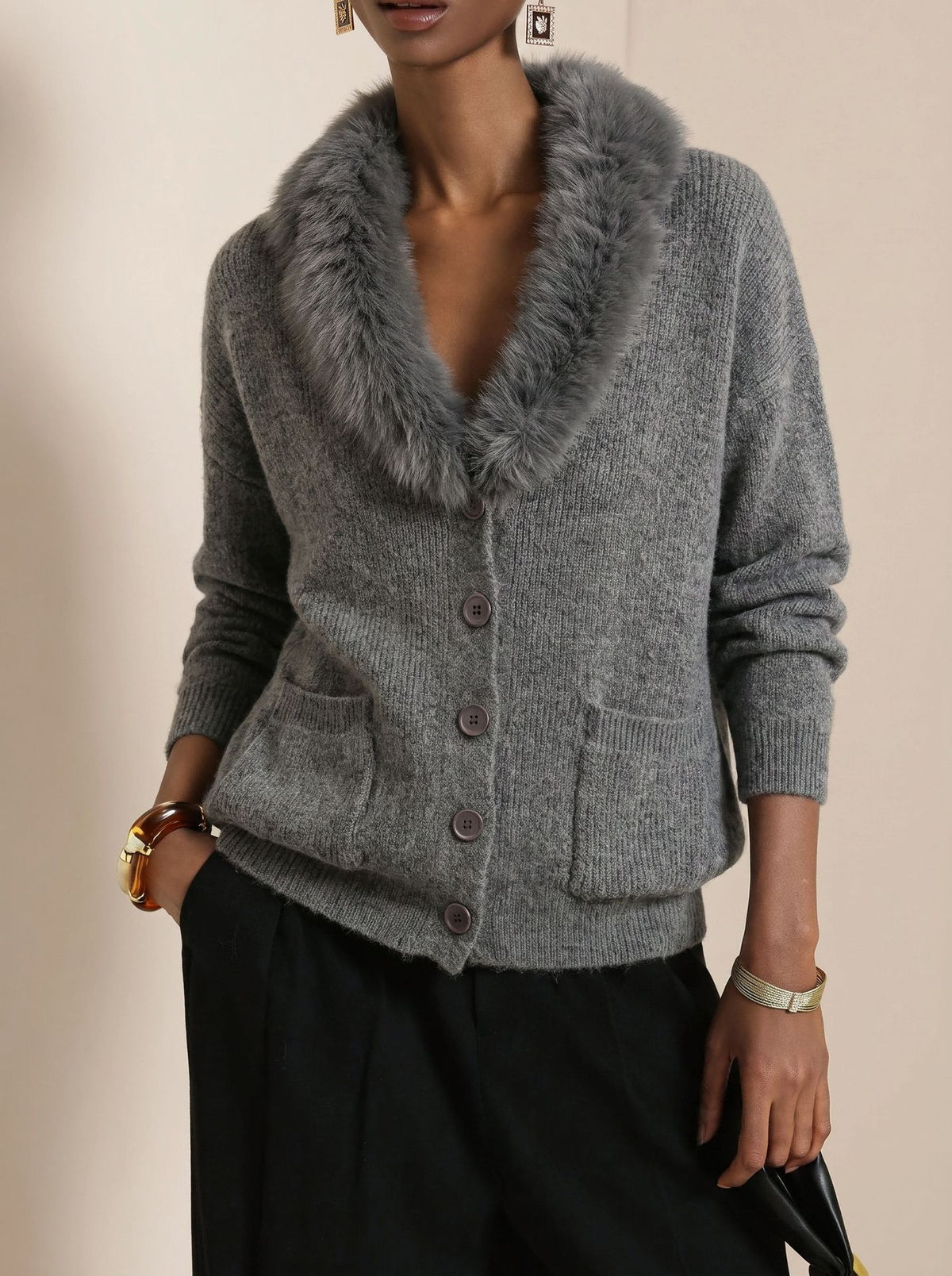 Shawl Collar Knit Cardigan With Faux Fur Trim - Grey