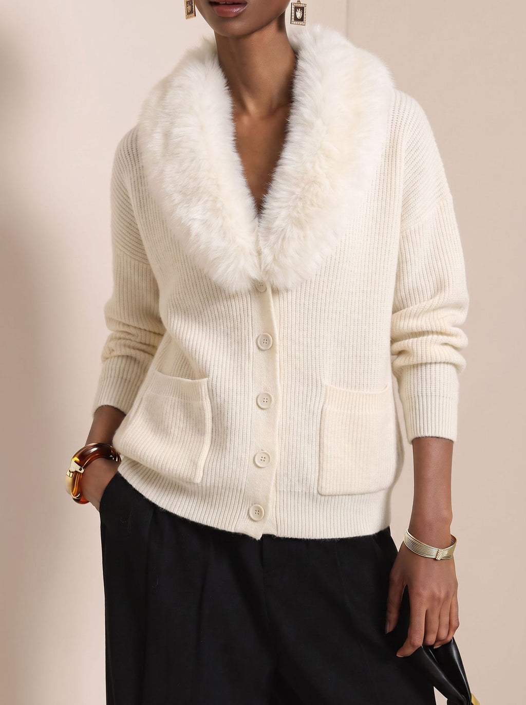 Shawl Collar Knit Cardigan With Faux Fur Trim - White