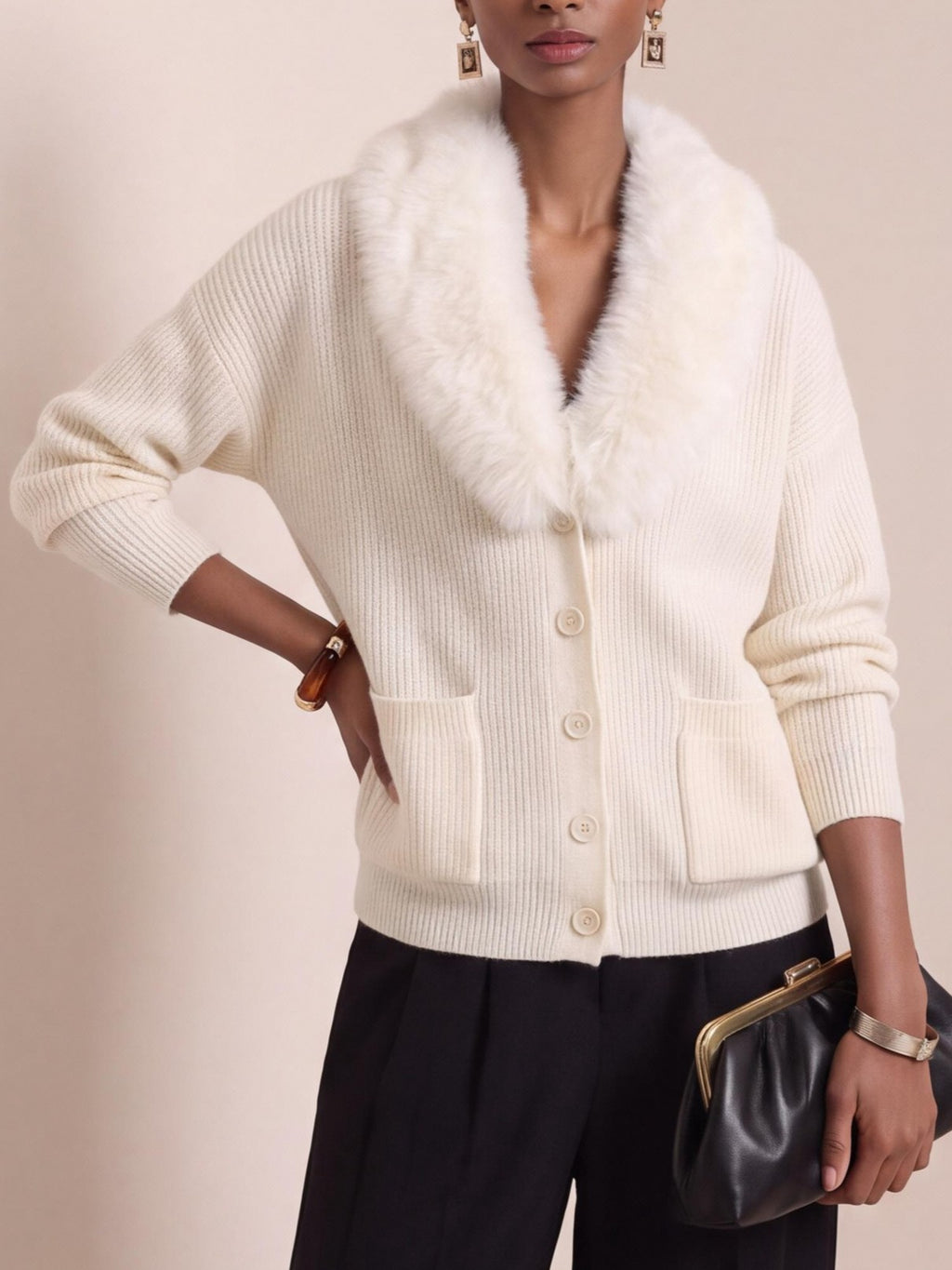 Shawl Collar Knit Cardigan With Faux Fur Trim - White - 1
