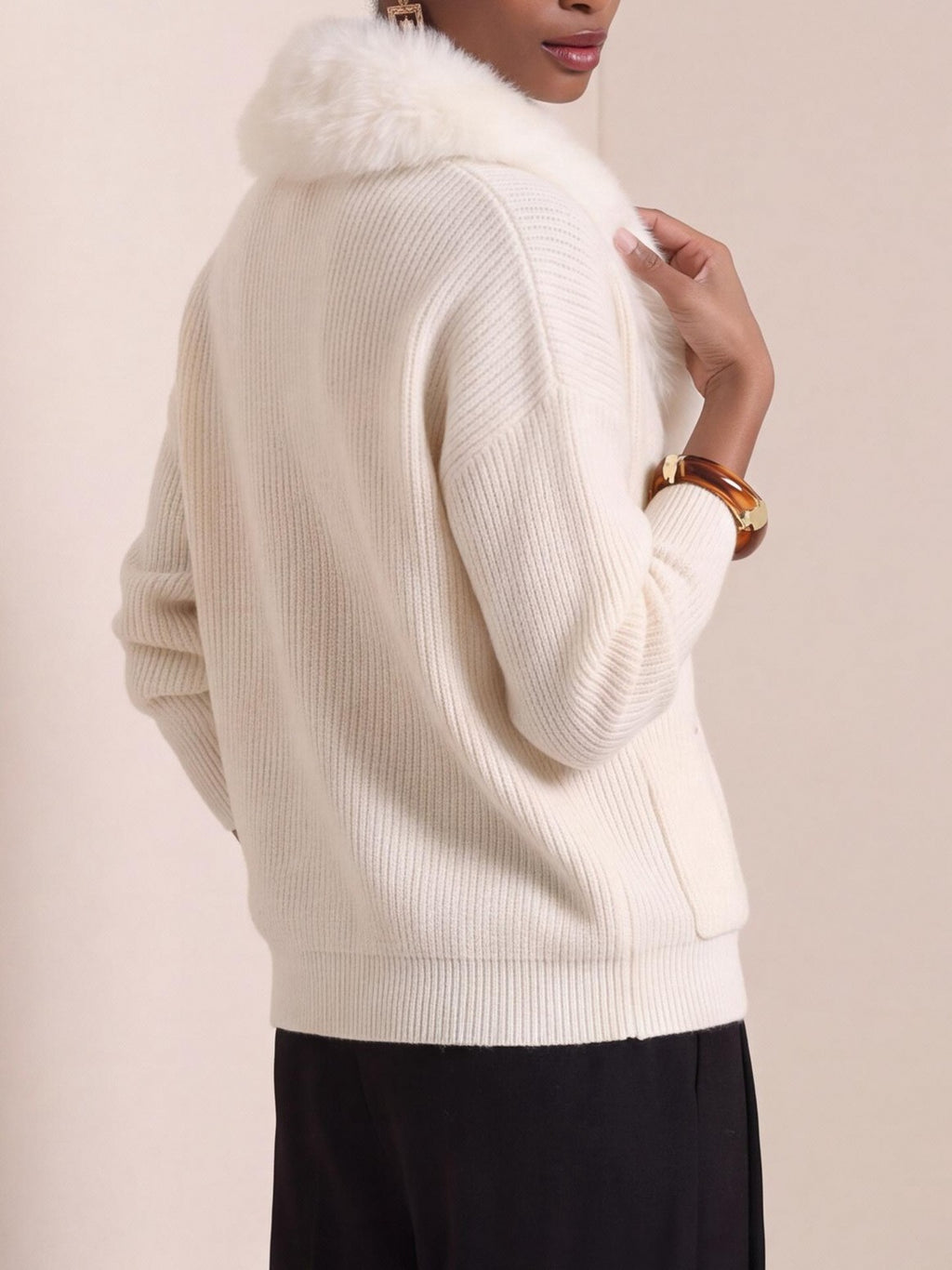 Shawl Collar Knit Cardigan With Faux Fur Trim - White - 2