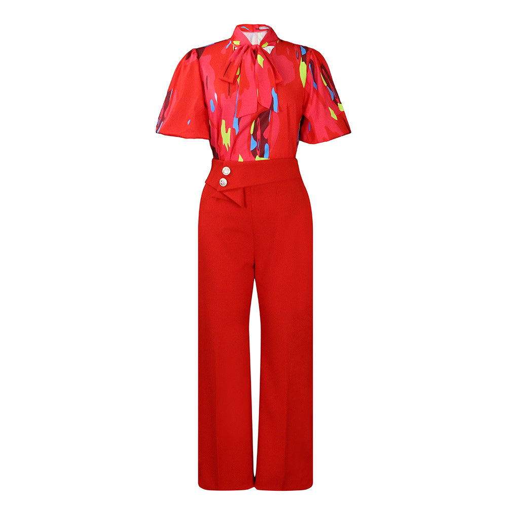 Abstract Print Bow Blouse Wide Leg Pant Set - Orange - 1