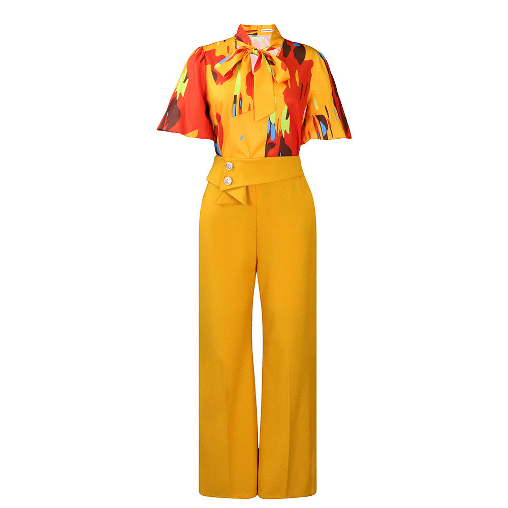 Abstract Print Bow Blouse Wide Leg Pant Set - Yellow