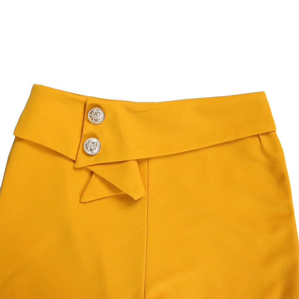 Abstract Print Bow Blouse Wide Leg Pant Set - Yellow - 2