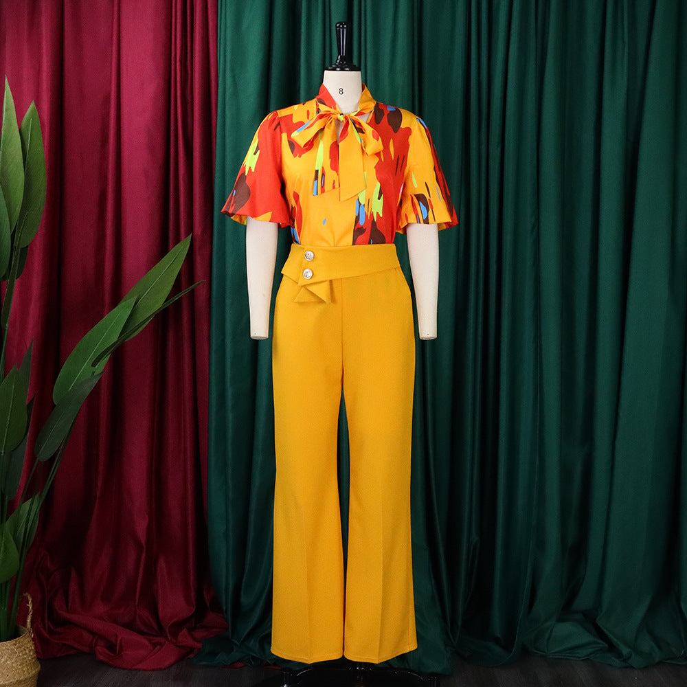 Abstract Print Bow Blouse Wide Leg Pant Set - Yellow - 4