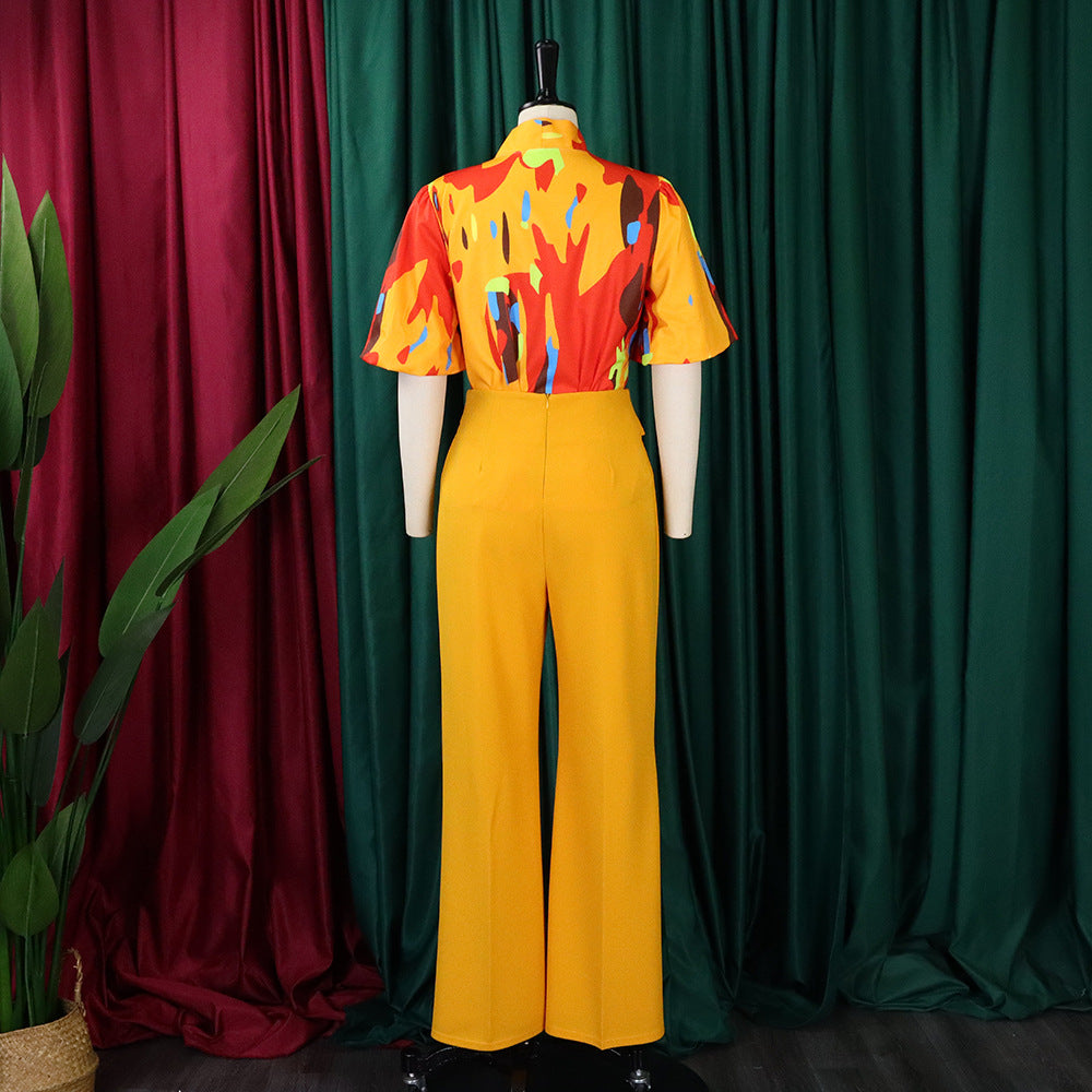 Abstract Print Bow Blouse Wide Leg Pant Set - Yellow - 6