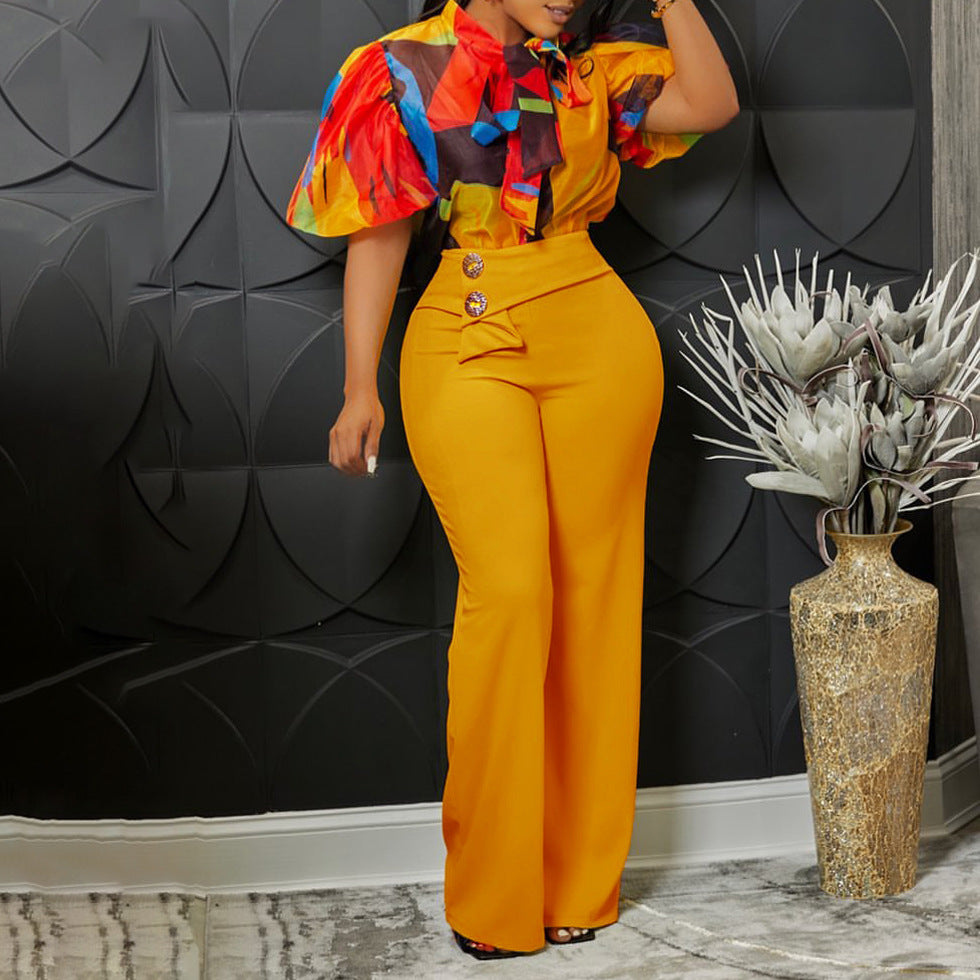 Abstract Print Bow Blouse Wide Leg Pant Set