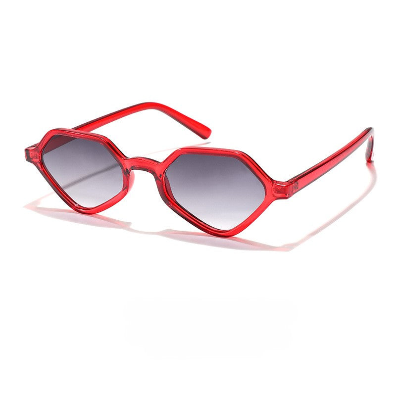 Faceted Hexagon Slim Retro Sunglasses - Red