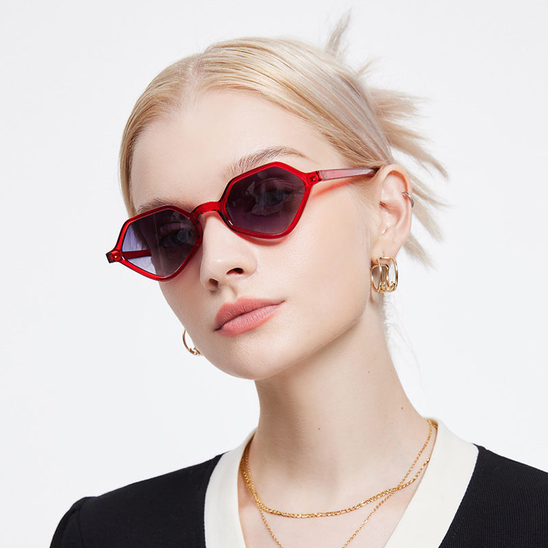 Faceted Hexagon Slim Retro Sunglasses - Red - 1