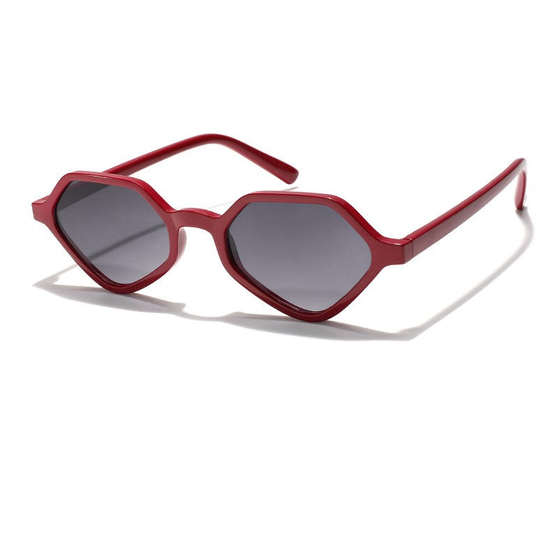 Faceted Hexagon Slim Retro Sunglasses - WineRed
