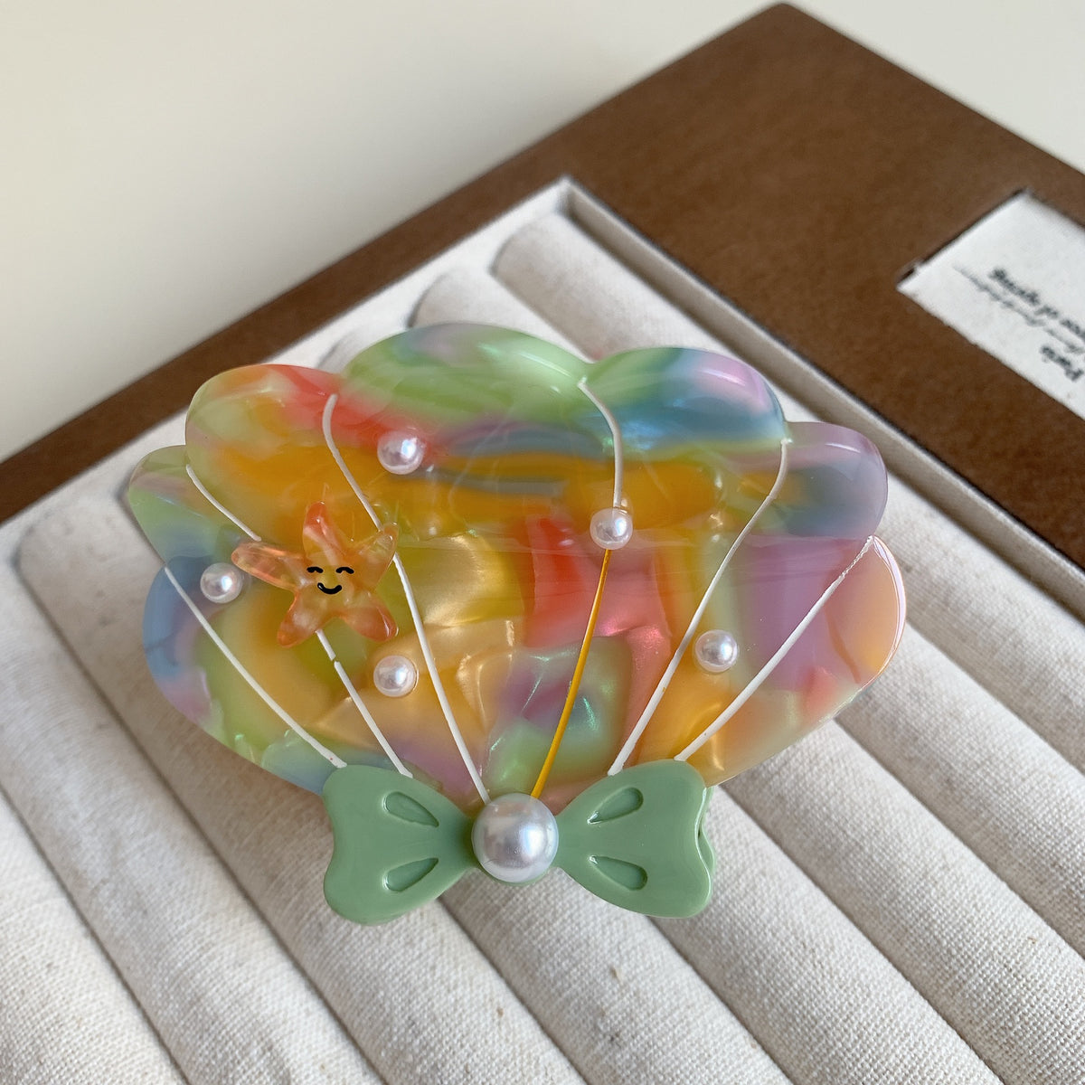 Iridescent Seashell Bow Hair Claw Clip - Neon