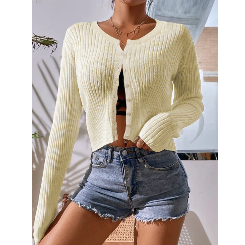 Sheer Rib Knit Cropped Button Cardigan - Apricot
