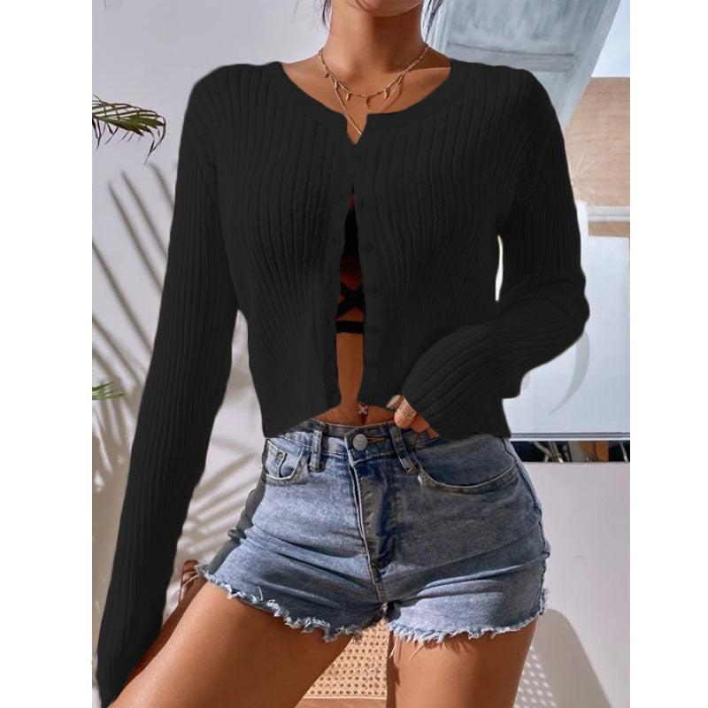 Sheer Rib Knit Cropped Button Cardigan - Black