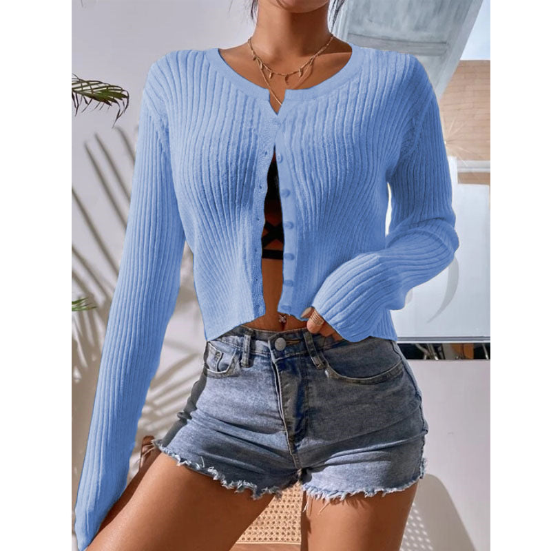 Sheer Rib Knit Cropped Button Cardigan - Blue