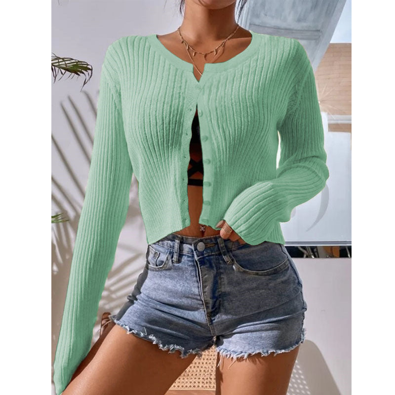 Sheer Rib Knit Cropped Button Cardigan - Green