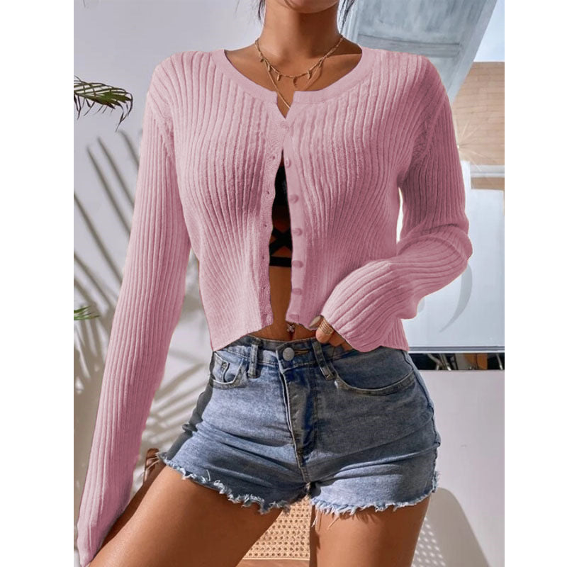 Sheer Rib Knit Cropped Button Cardigan - Pink