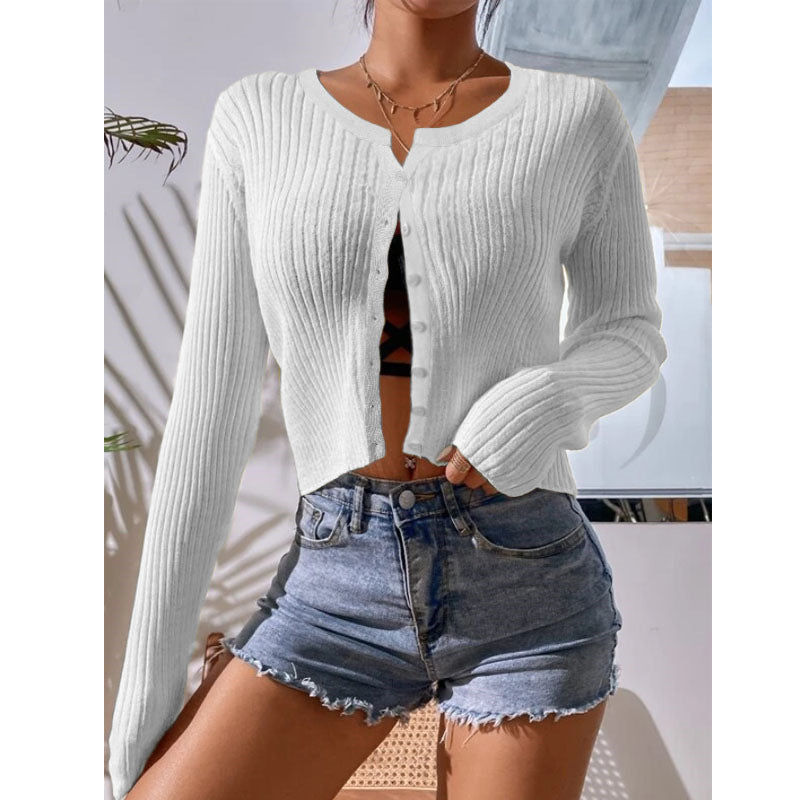 Sheer Rib Knit Cropped Button Cardigan - White