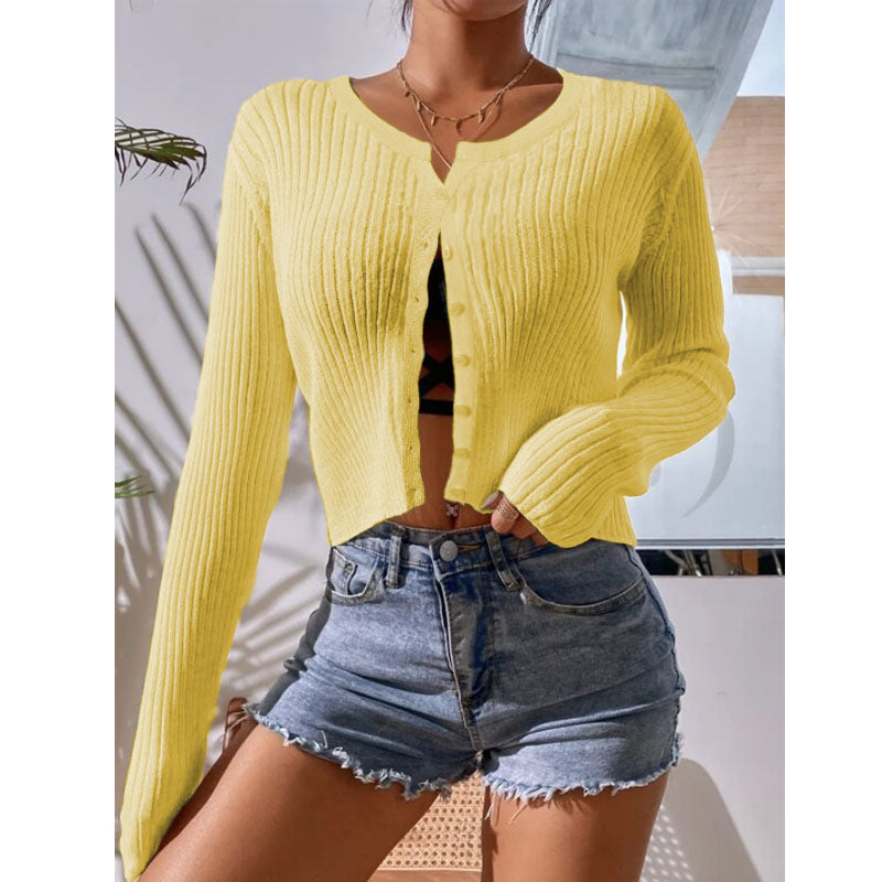 Sheer Rib Knit Cropped Button Cardigan - Yellow