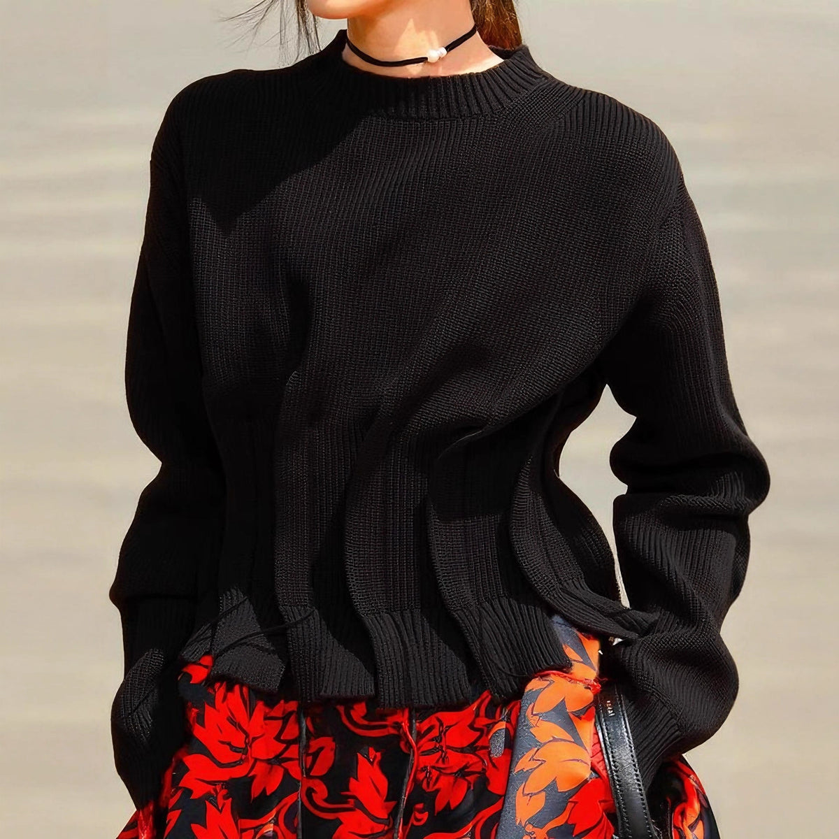 Ruched Side Detail Ribbed Knit Sweater - Black