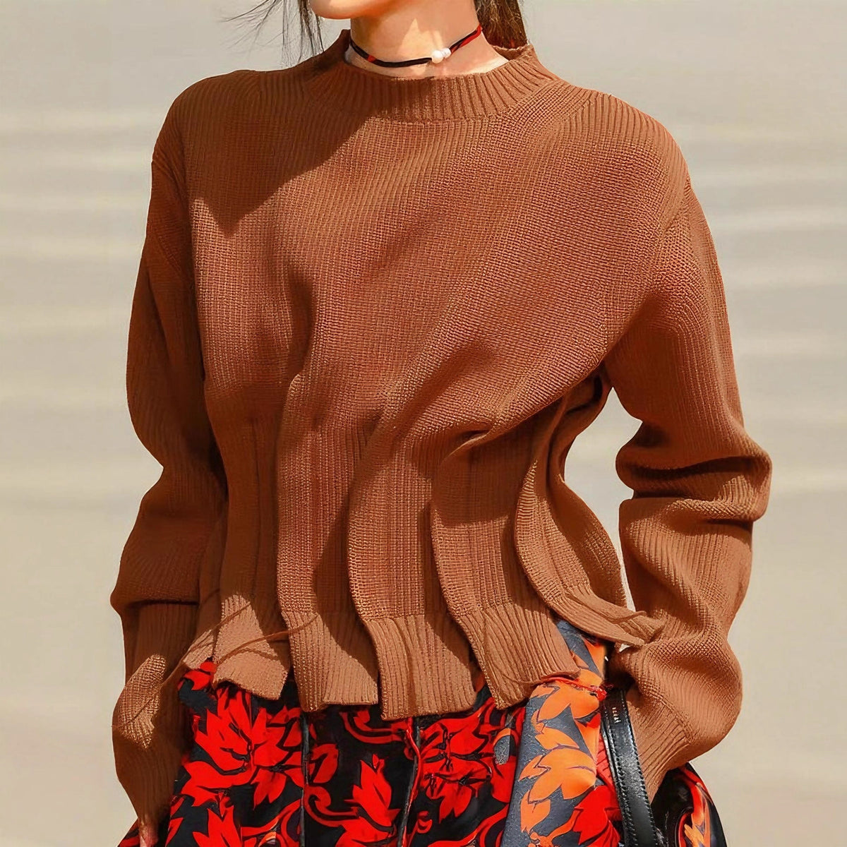 Ruched Side Detail Ribbed Knit Sweater - Coffee