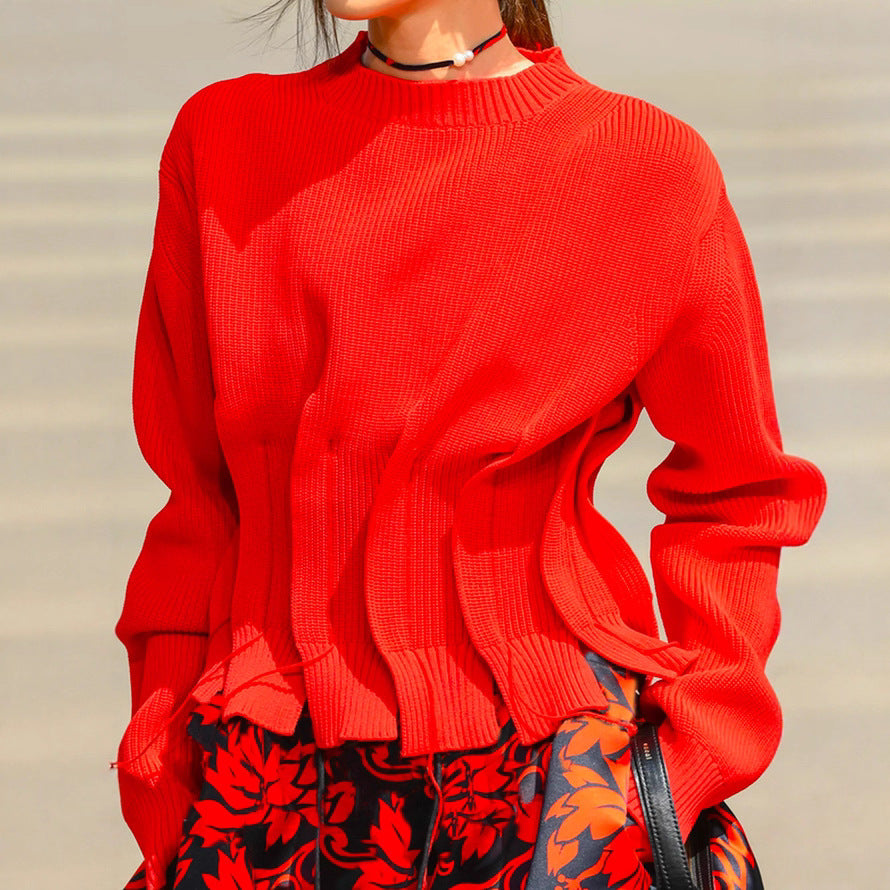Ruched Side Detail Ribbed Knit Sweater - Red
