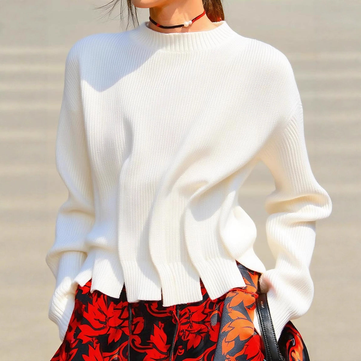Ruched Side Detail Ribbed Knit Sweater - White