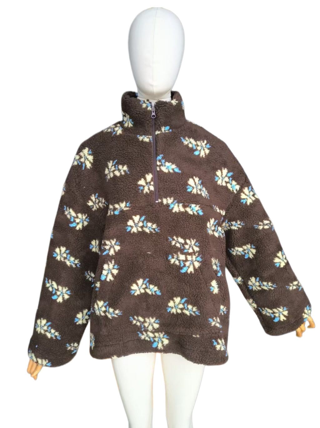 Retro Daisy Teddy Fleece Pullover Jacket - Coffee