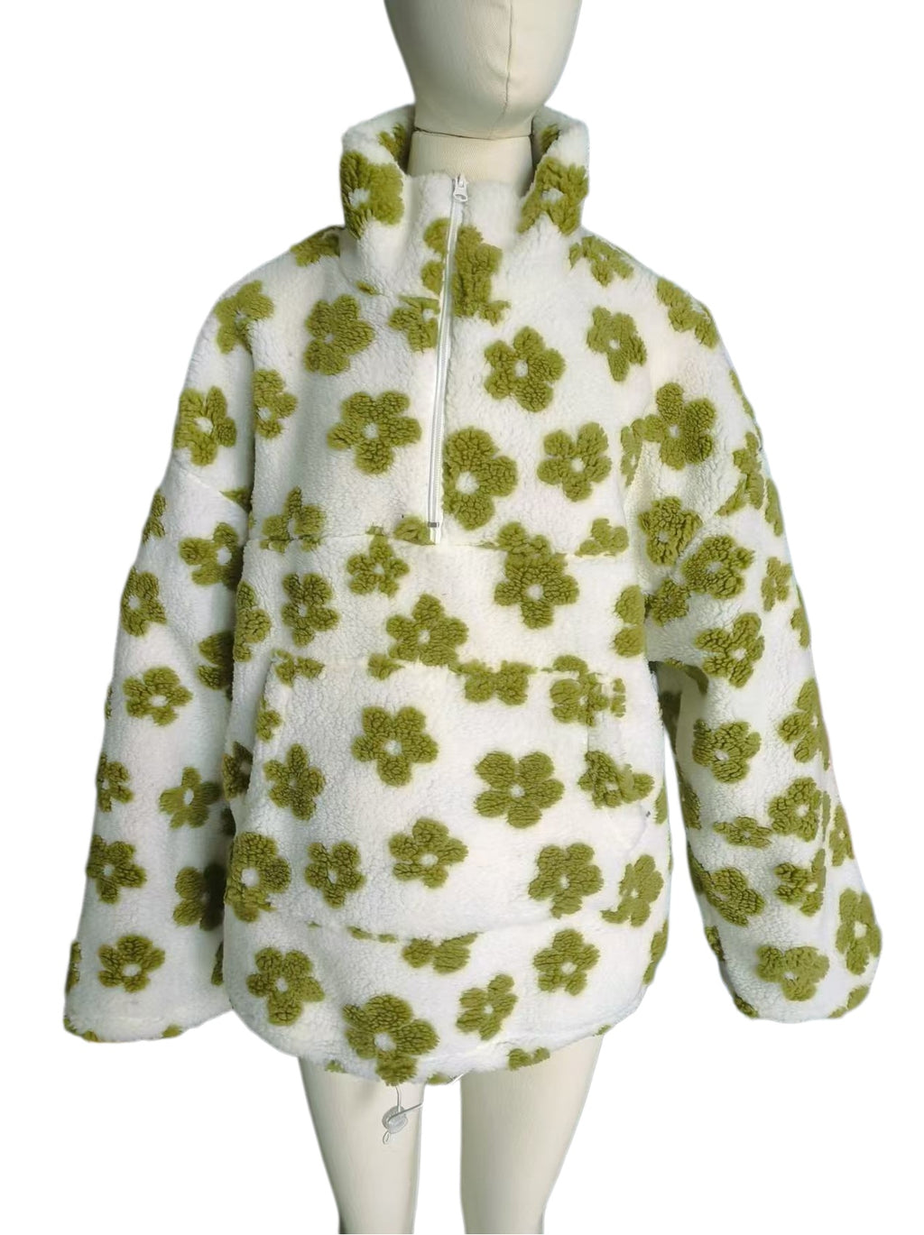 Retro Daisy Teddy Fleece Pullover Jacket - GreenWhite