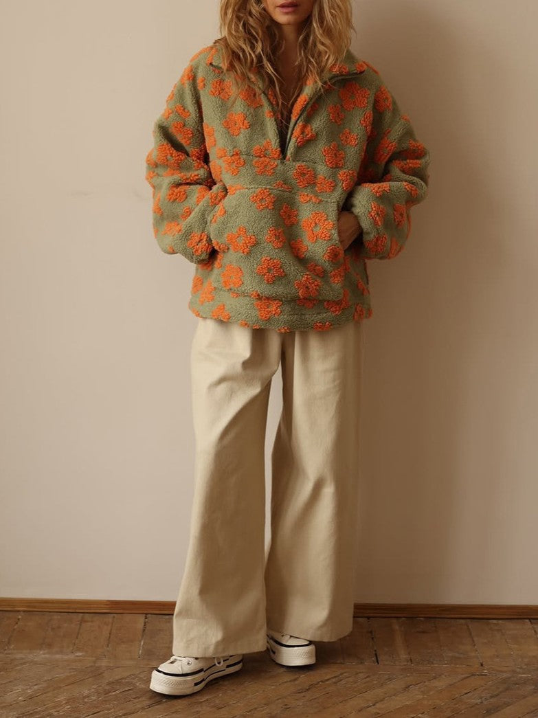 Retro Daisy Teddy Fleece Pullover Jacket - OrangeG - 3