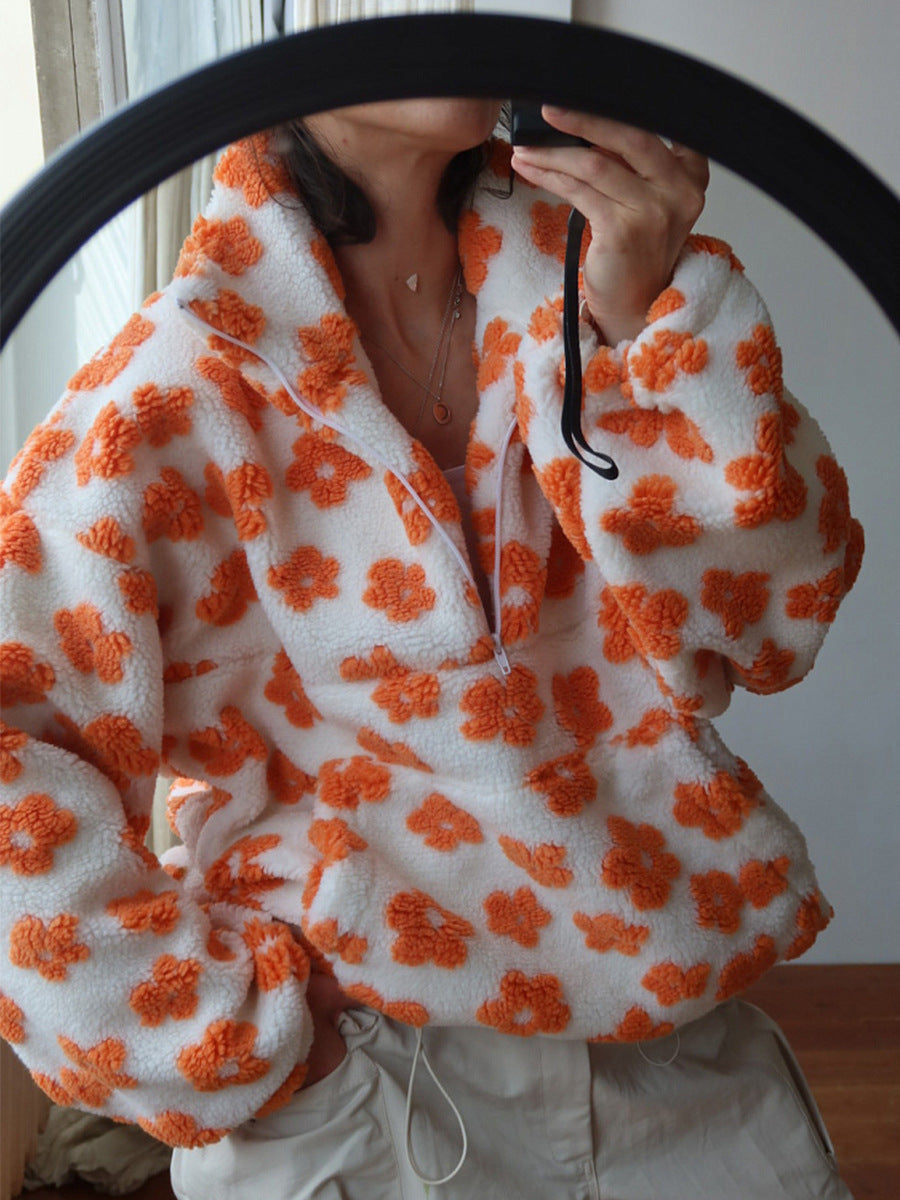 Retro Daisy Teddy Fleece Pullover Jacket - OrangeW