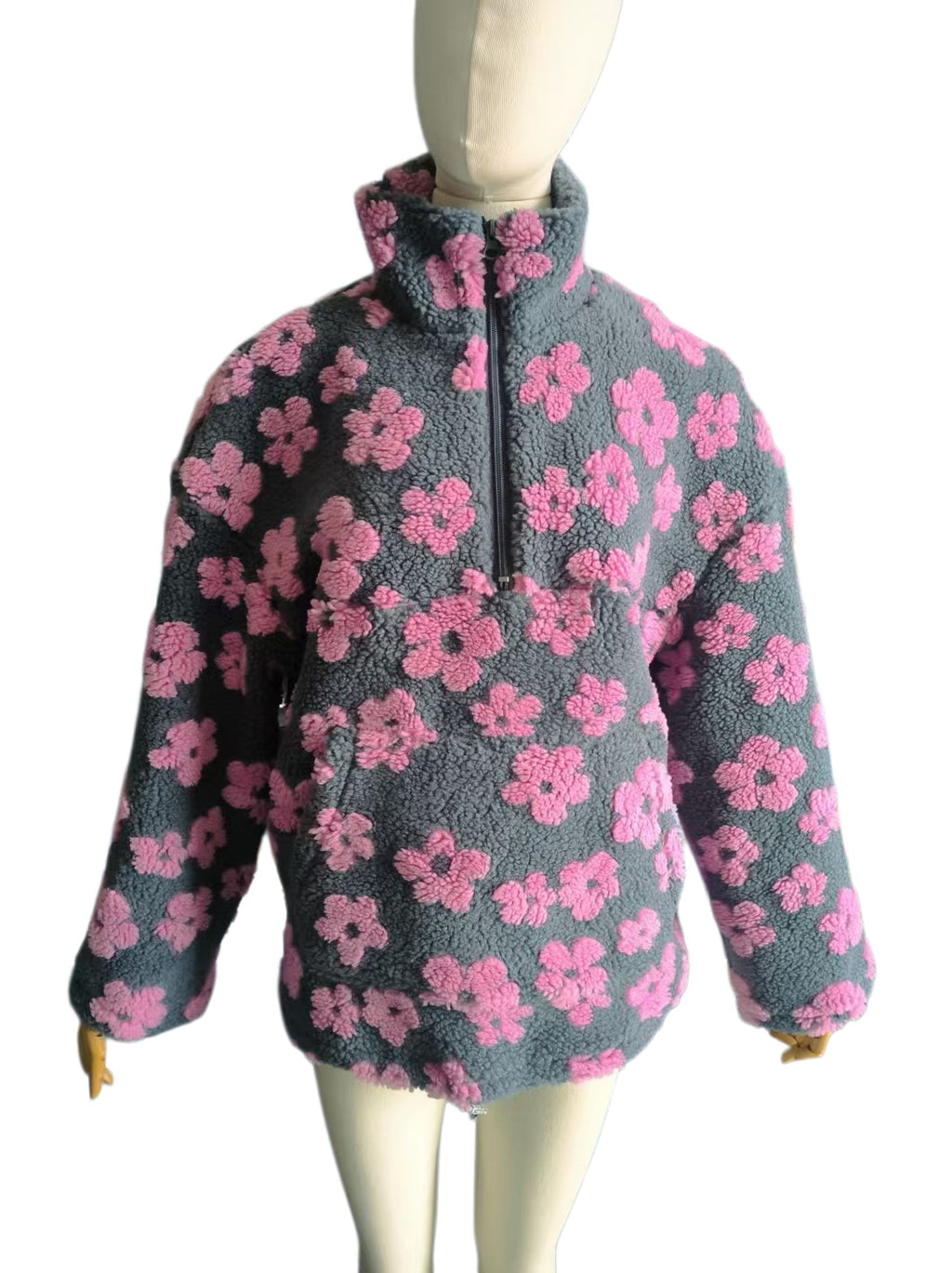 Retro Daisy Teddy Fleece Pullover Jacket - PinkGrey