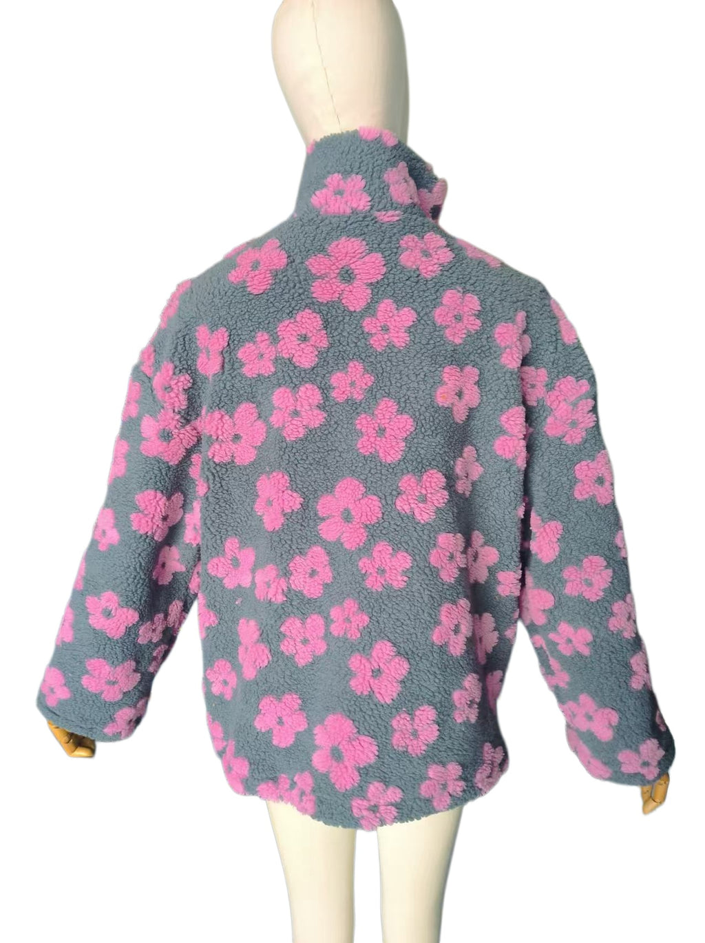 Retro Daisy Teddy Fleece Pullover Jacket - PinkGrey - 1