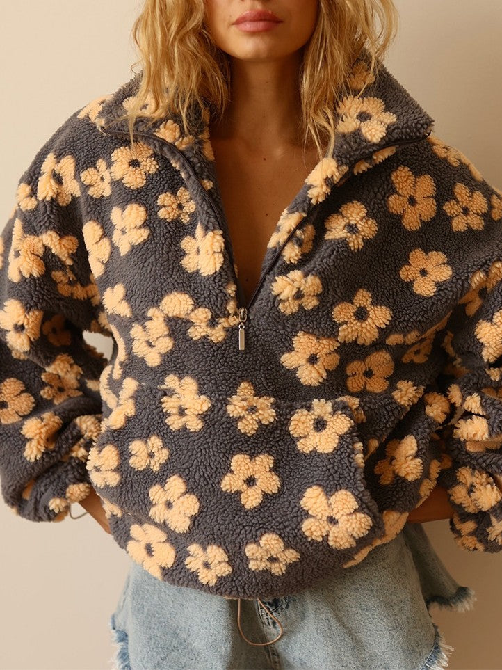 Retro Daisy Teddy Fleece Pullover Jacket - YellowGrey