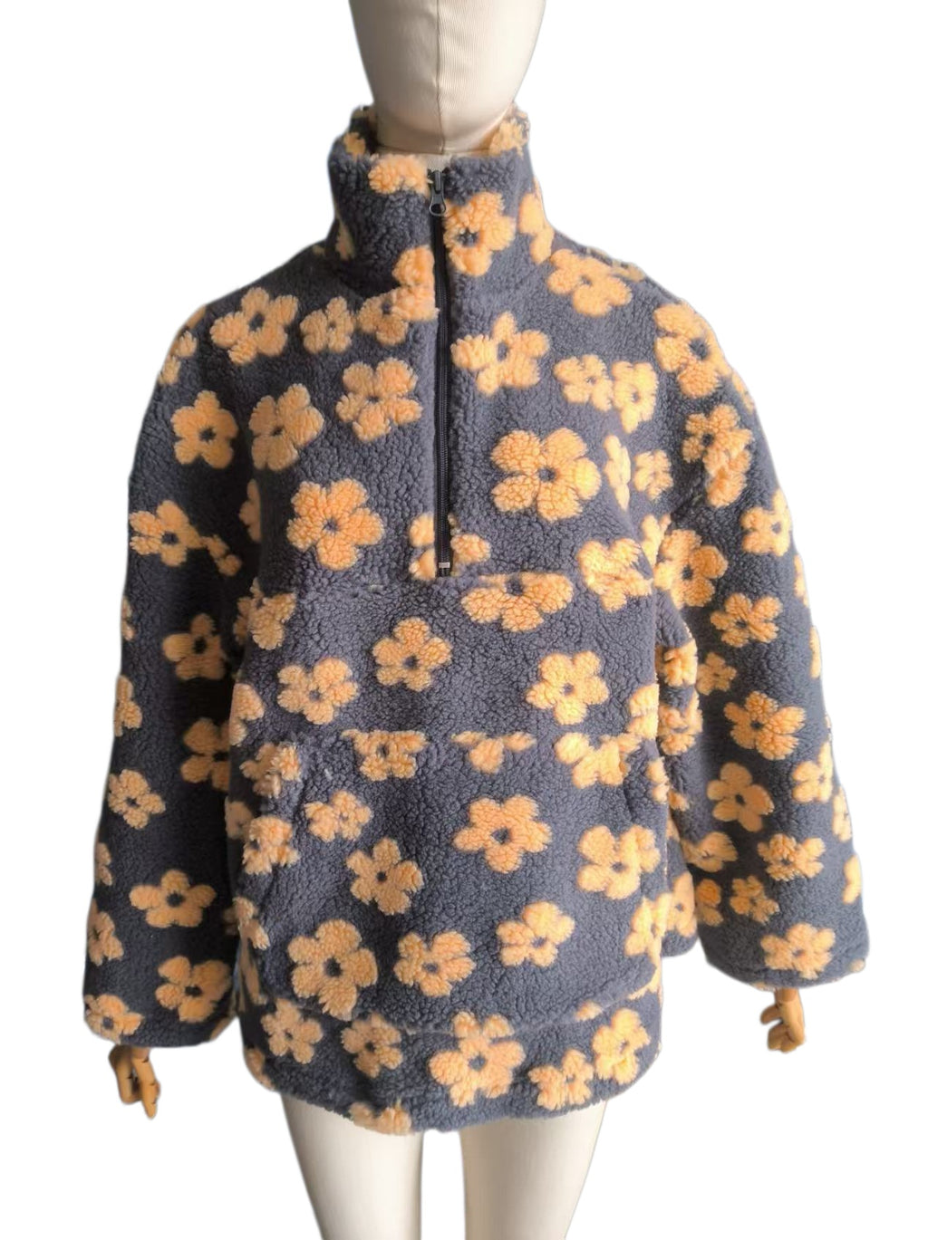 Retro Daisy Teddy Fleece Pullover Jacket - YellowGrey - 1