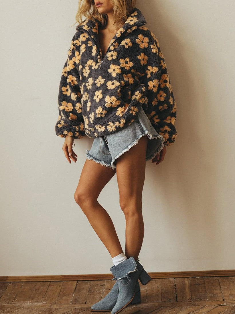 Retro Daisy Teddy Fleece Pullover Jacket - YellowGrey - 2