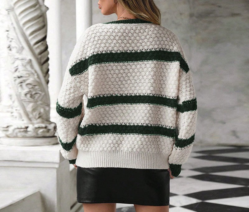 Striped Honeycomb Knit V-Neck Pullover