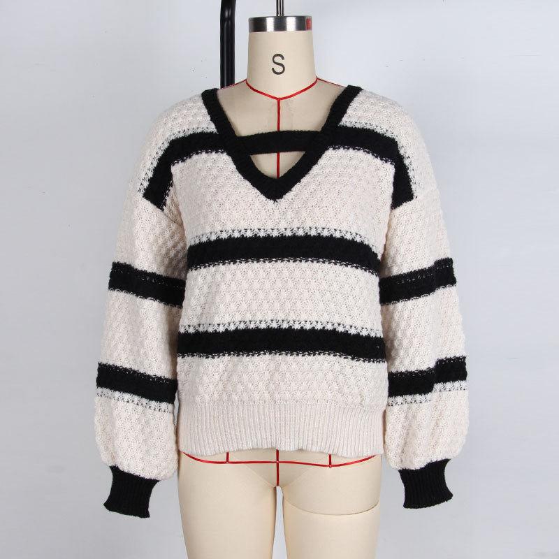 Striped Honeycomb Knit V-Neck Pullover - view 1