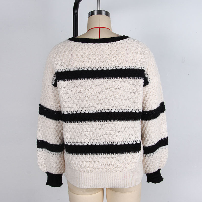 Striped Honeycomb Knit V-Neck Pullover - view 2