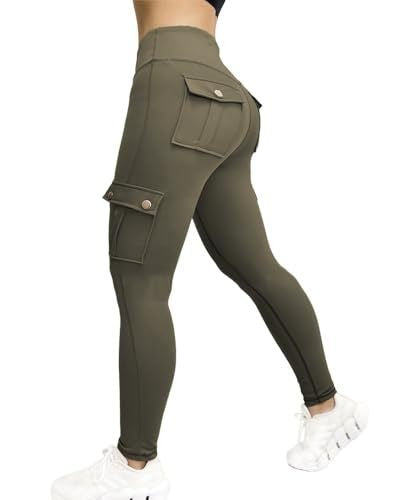 Flap Cargo Pocket High Waist Workout Leggings - Army Green