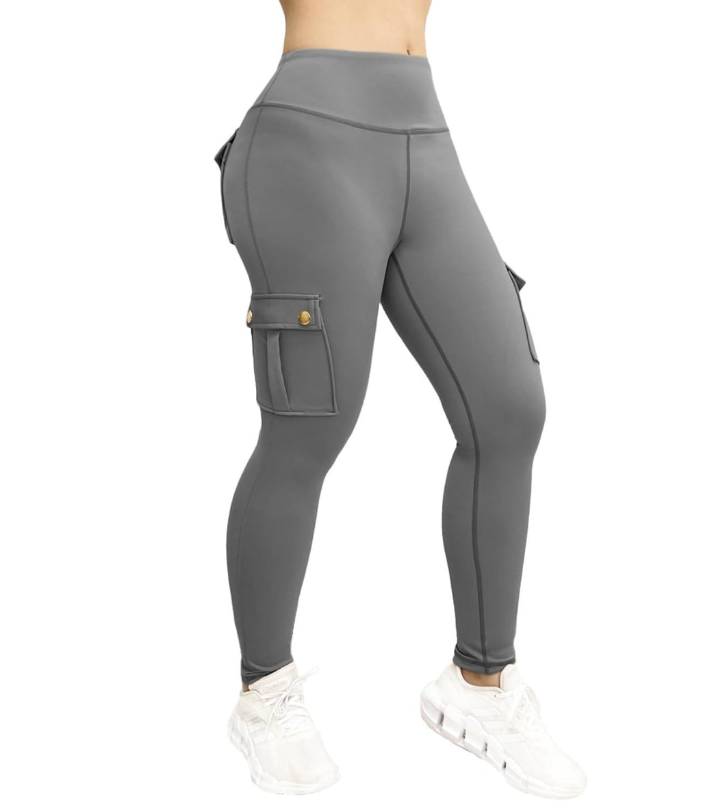 Flap Cargo Pocket High Waist Workout Leggings - Light Gray