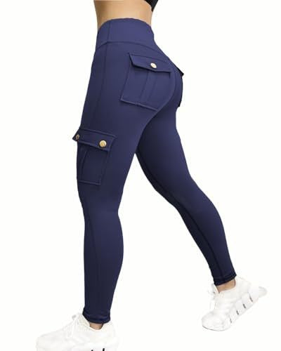 Flap Cargo Pocket High Waist Workout Leggings - Navy