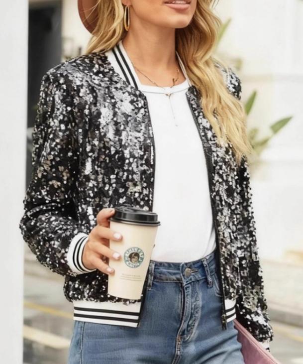 Varsity Stripe Sequin Bomber Jacket - Black