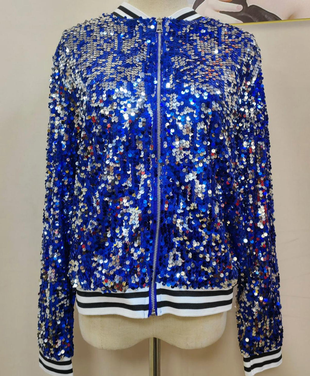 Varsity Stripe Sequin Bomber Jacket - Blue