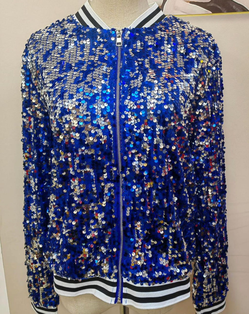 Varsity Stripe Sequin Bomber Jacket - Blue - 1